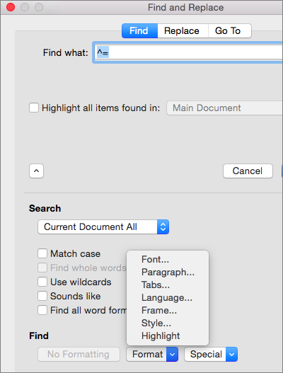 what keys to type to search for a word in a document on mac